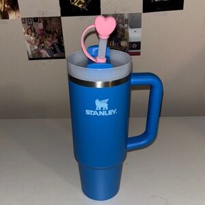Stanley Blue Tumbler with Pink Straw